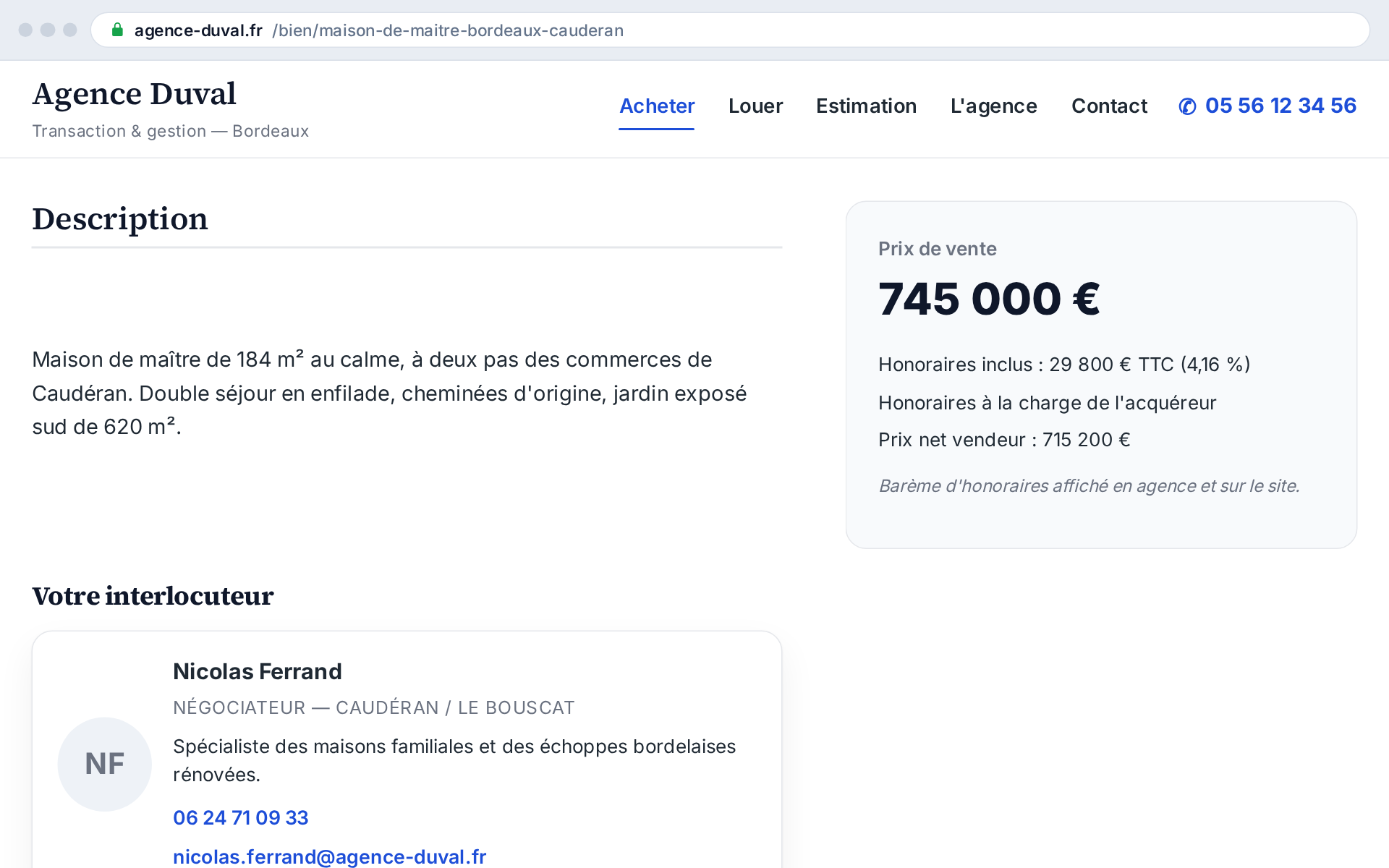 Le négociateur qui suit le bien s'affiche sur l'annonce : l'appel arrive sur la bonne personne