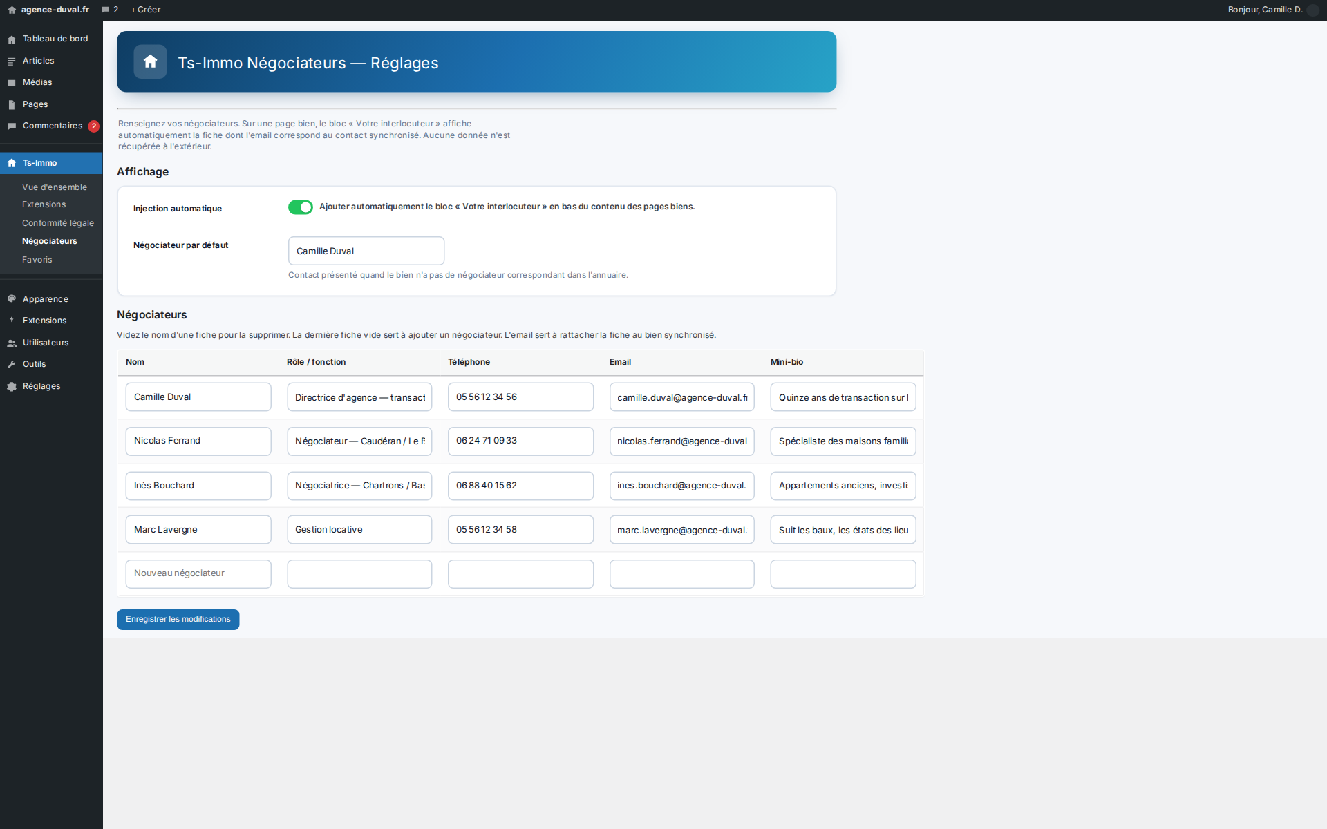 Réglages : les fiches se saisissent ici ; l'email fait le lien avec le négociateur du CRM