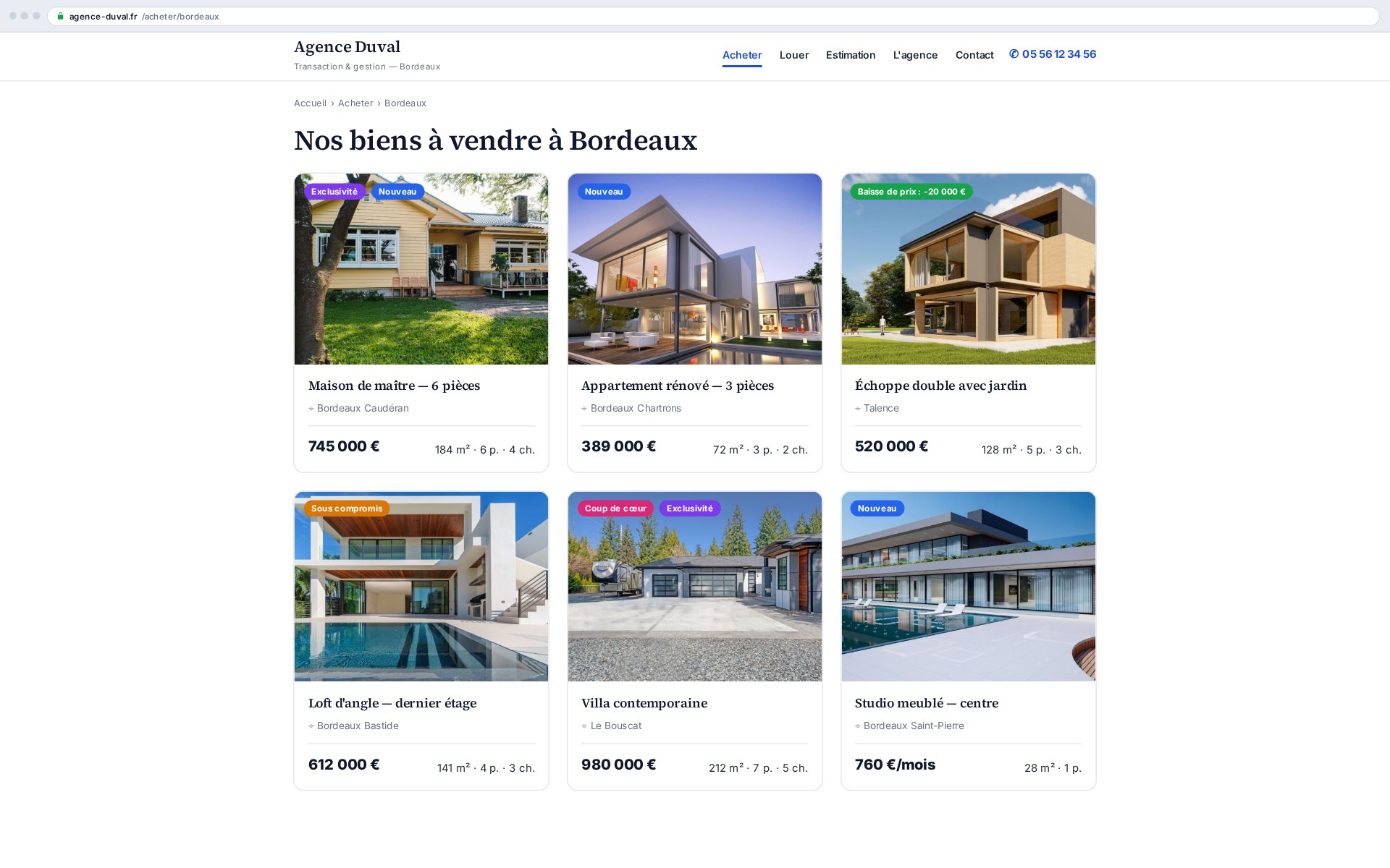 New, price drop, exclusive: status reads on the thumbnail, not buried in the text