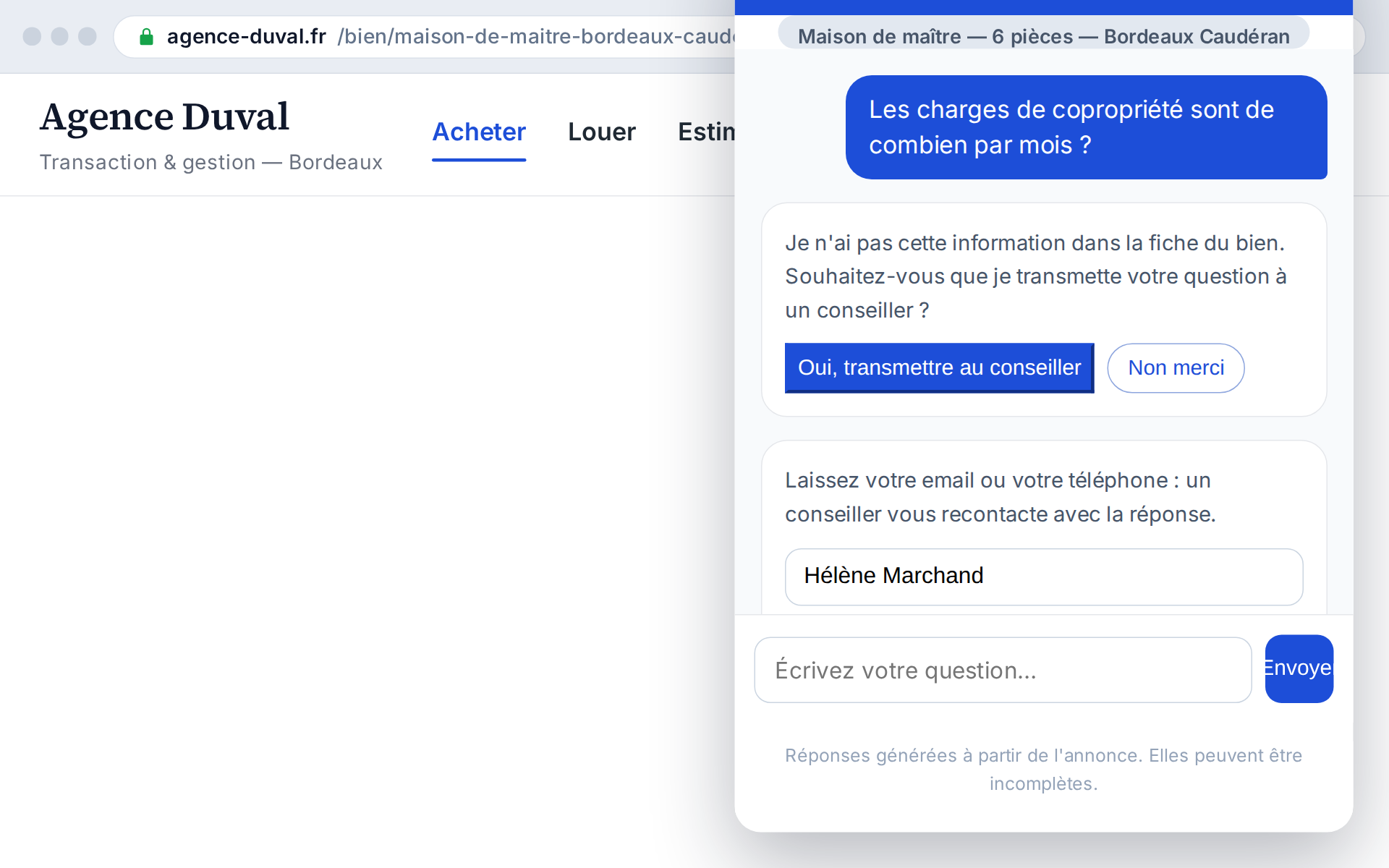 When it doesn't know, it doesn't bluff: it collects contact details and hands over to you