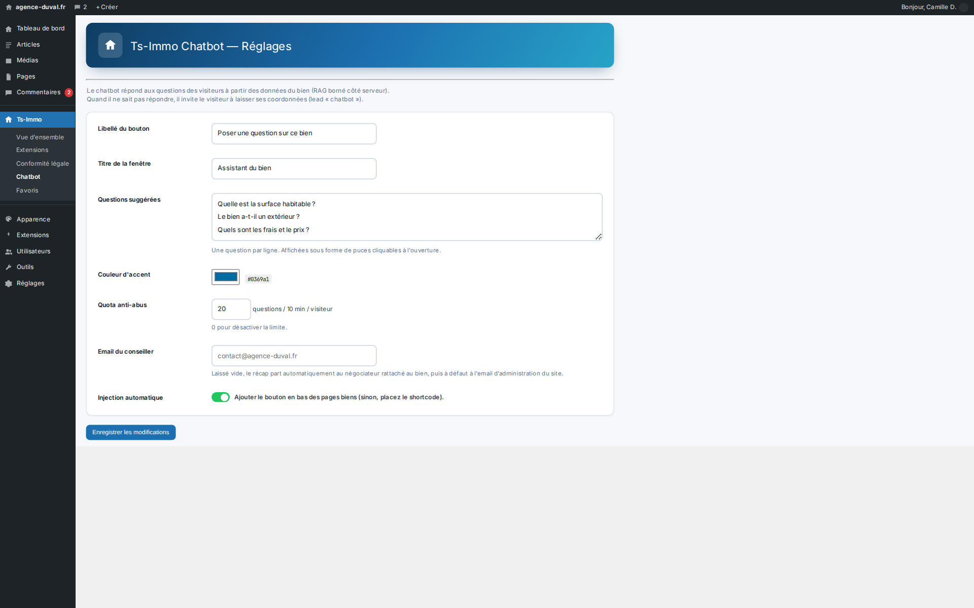 Settings: welcome message, suggested questions, abuse quota — and the advisor's email