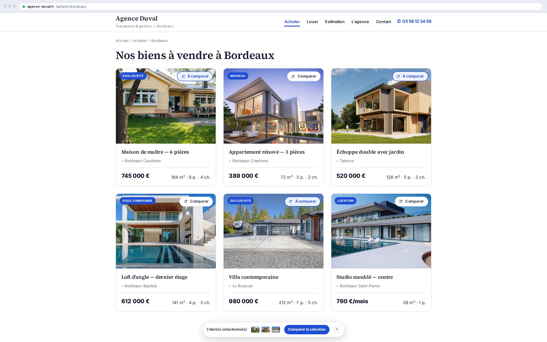 Le visiteur coche les biens qui l'intéressent ; la barre suit sa sélection de page en page