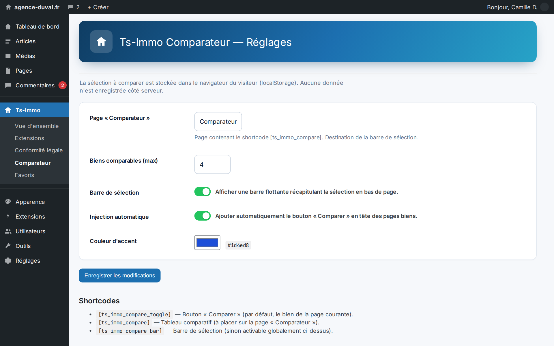 Réglages : la page du comparateur, le nombre de biens comparables, la barre de sélection