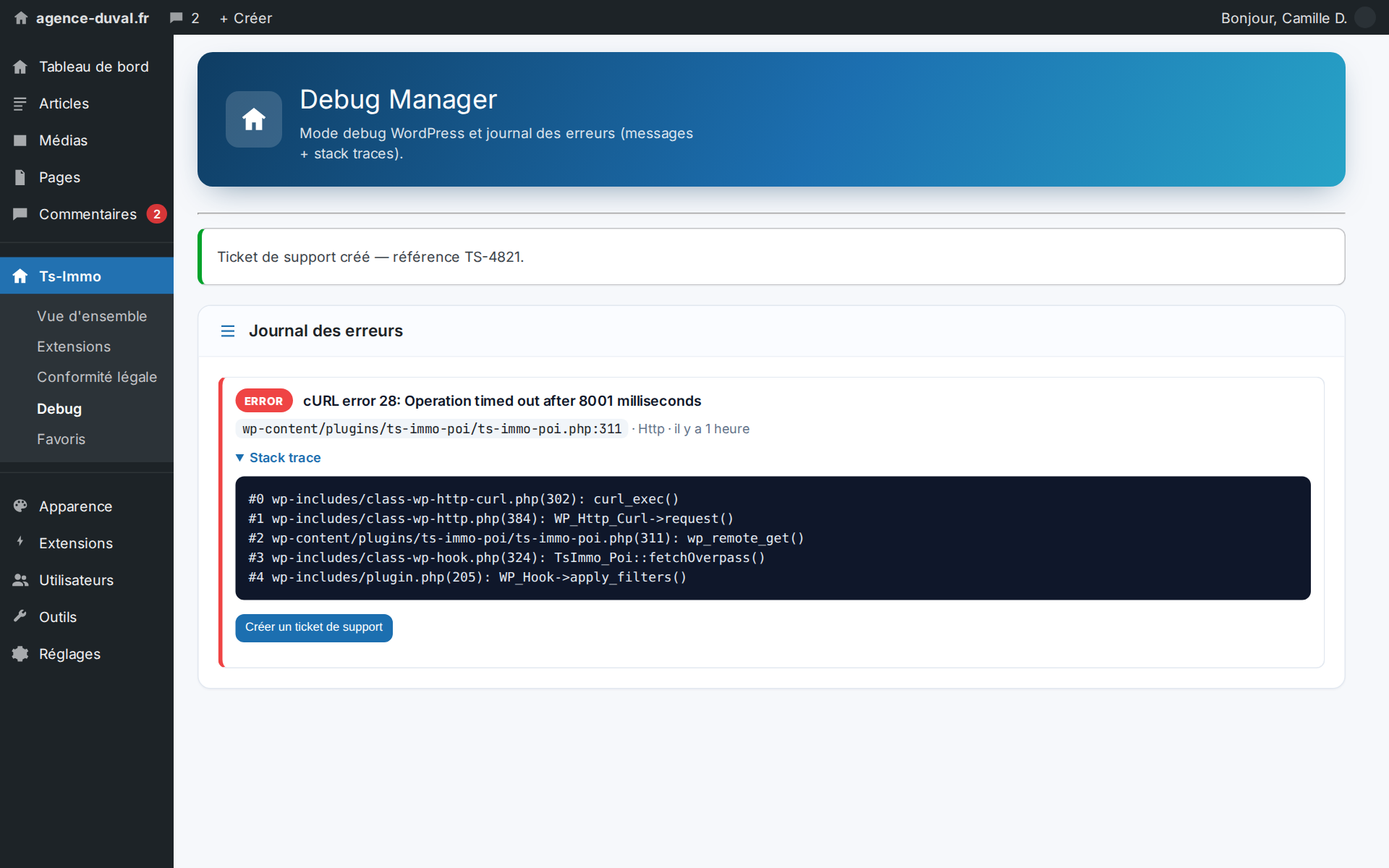 A button on the error opens a ticket with the trace and site info — zero copy-pasting