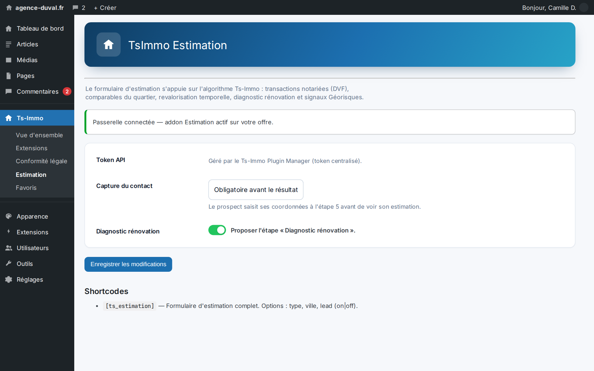 Un shortcode à poser sur une page : le parcours, le calcul et les emails sont côté Ts-Immo