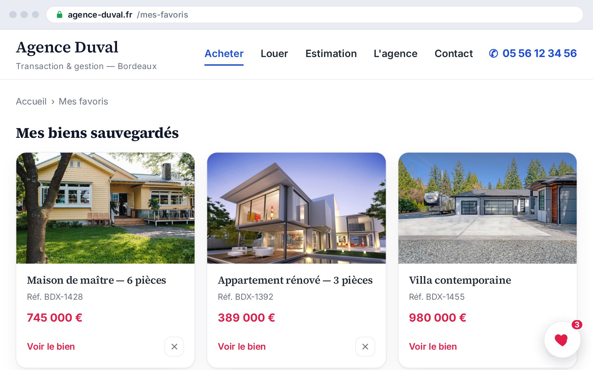La page « Mes favoris » : la sélection reste d'une visite à l'autre, prête à discuter