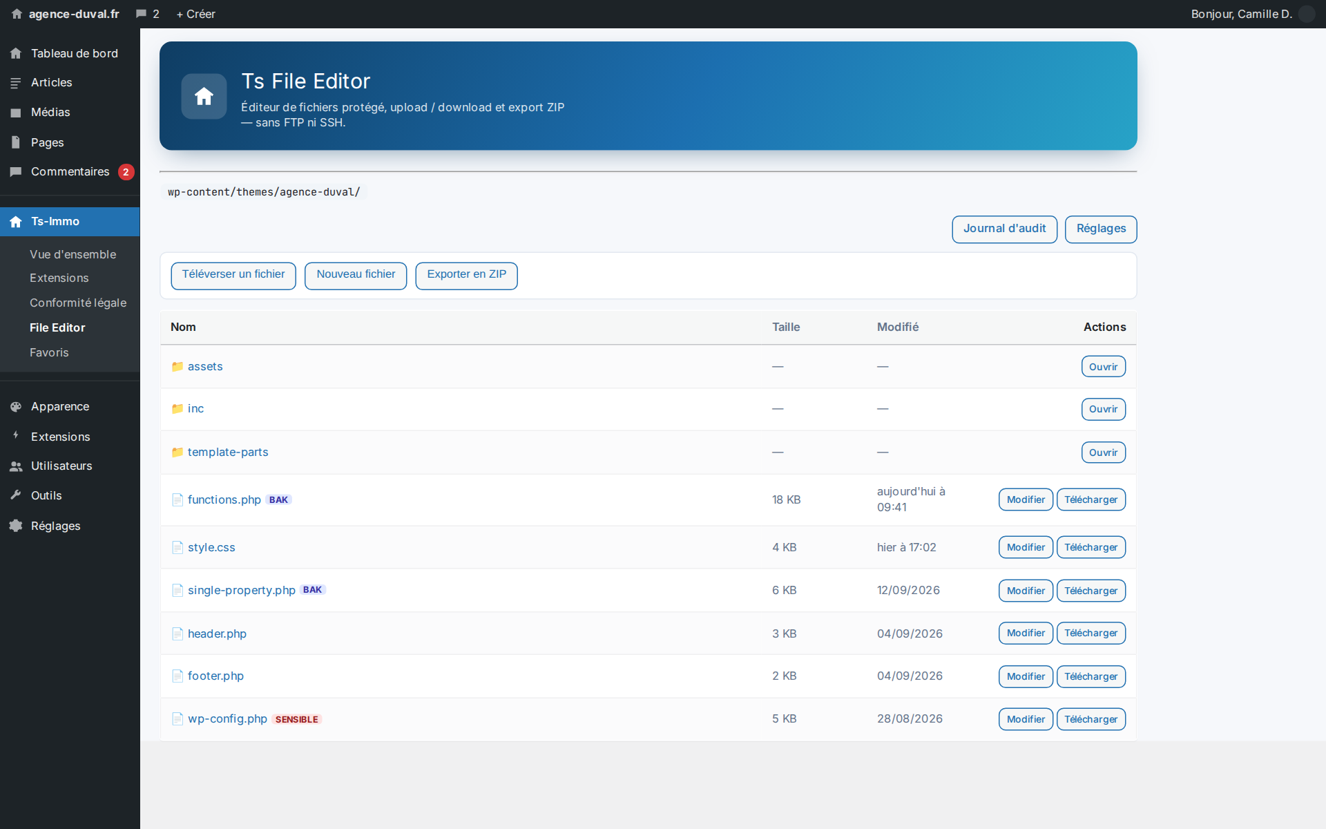 Browse and edit the site's files from the admin — no FTP, no SSH, no waiting