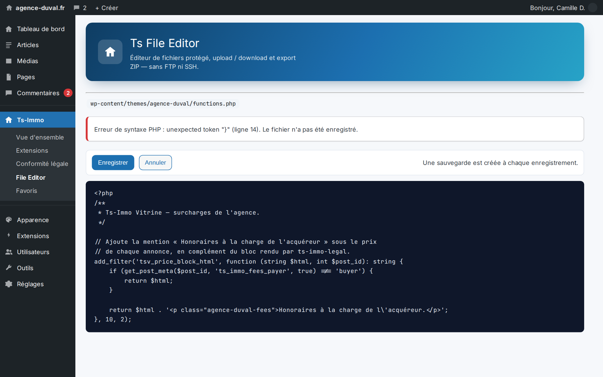 Before saving: PHP syntax check, backup, and automatic rollback if the site goes down
