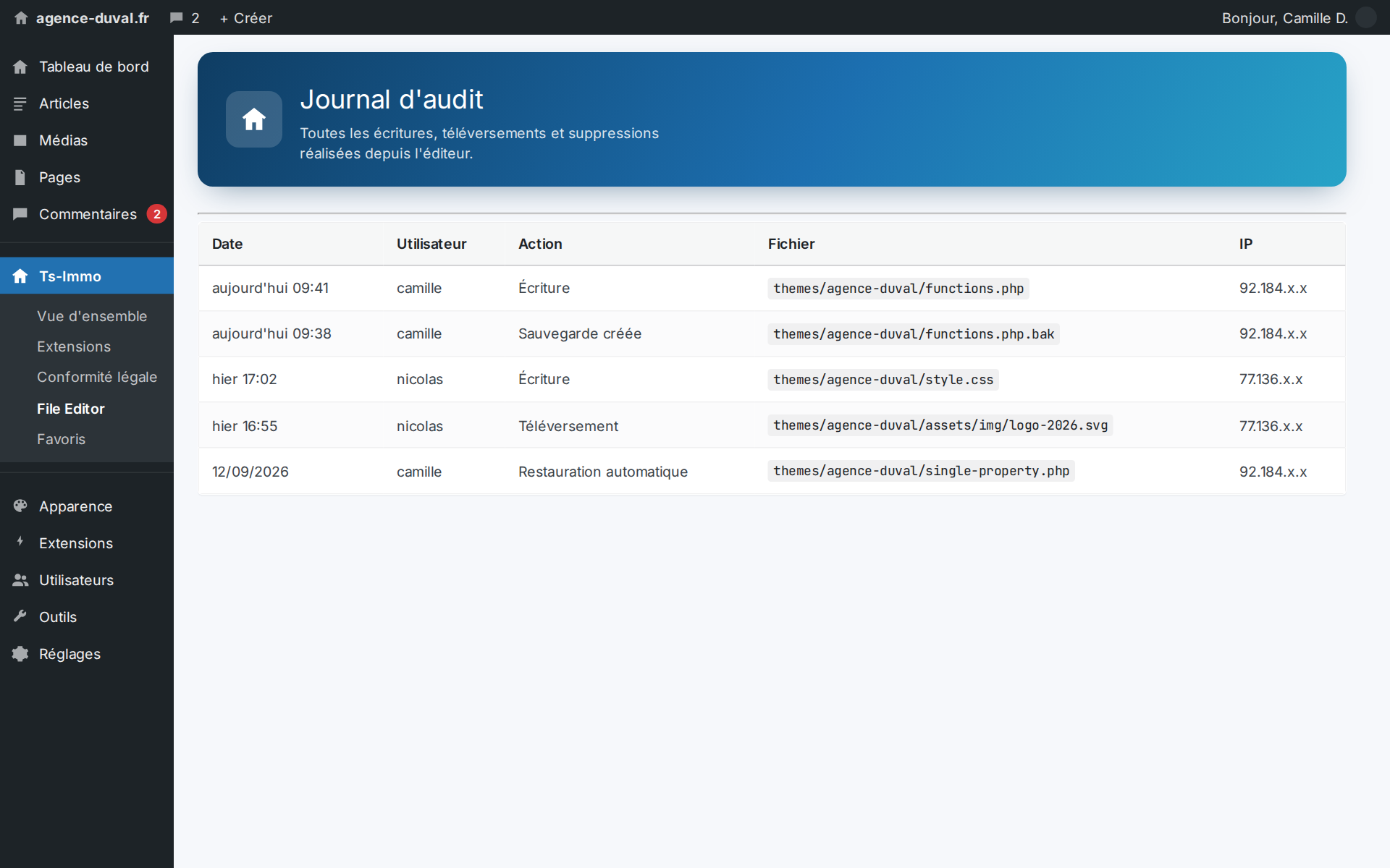 Every write is logged: who touched which file, when, and from which address