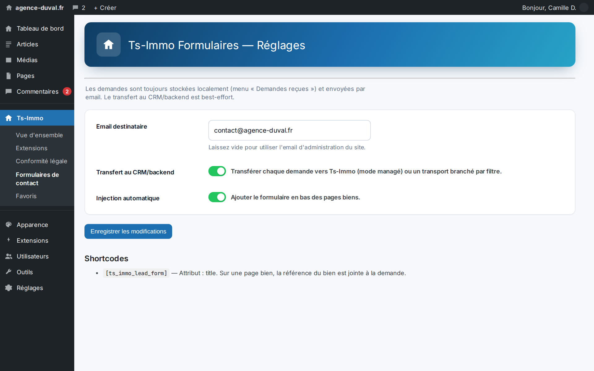 Settings: who receives the email, CRM forwarding, and automatic insertion under every property
