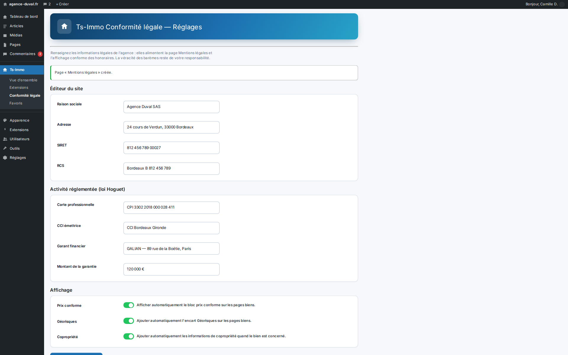 Settings: professional licence, guarantor, fee schedule — entered once, reused everywhere