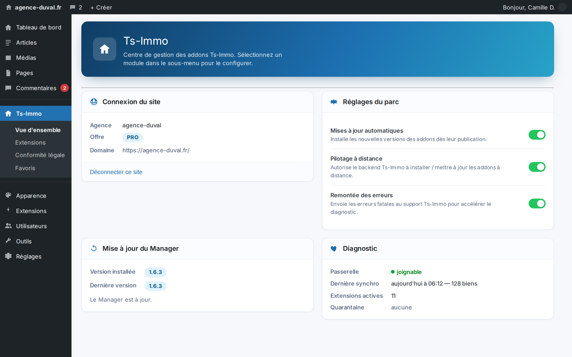 The site linked to your gateway: plan, auto-updates, diagnostics — at a glance