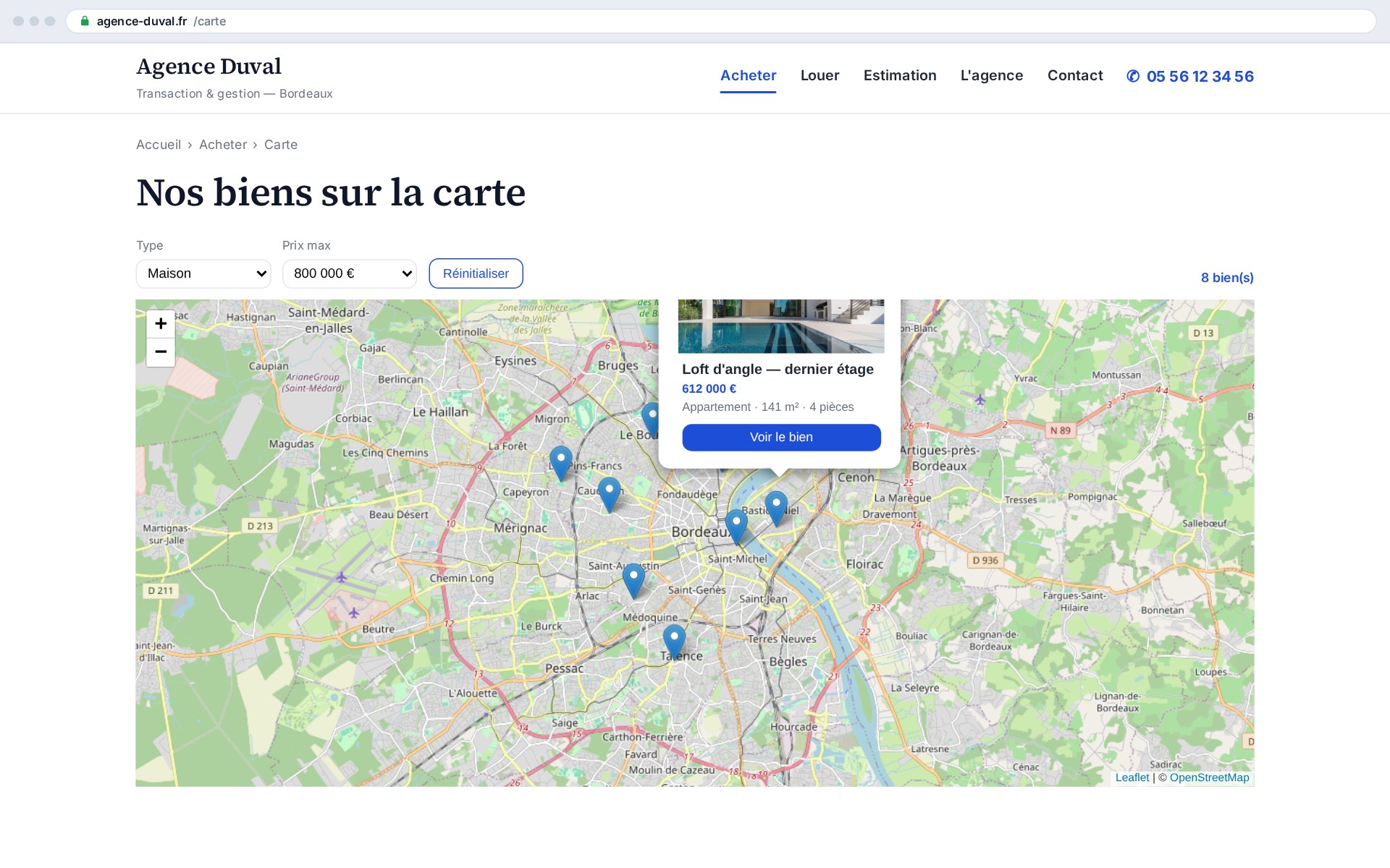 The whole portfolio on one map: visitors search by neighbourhood, the way they think