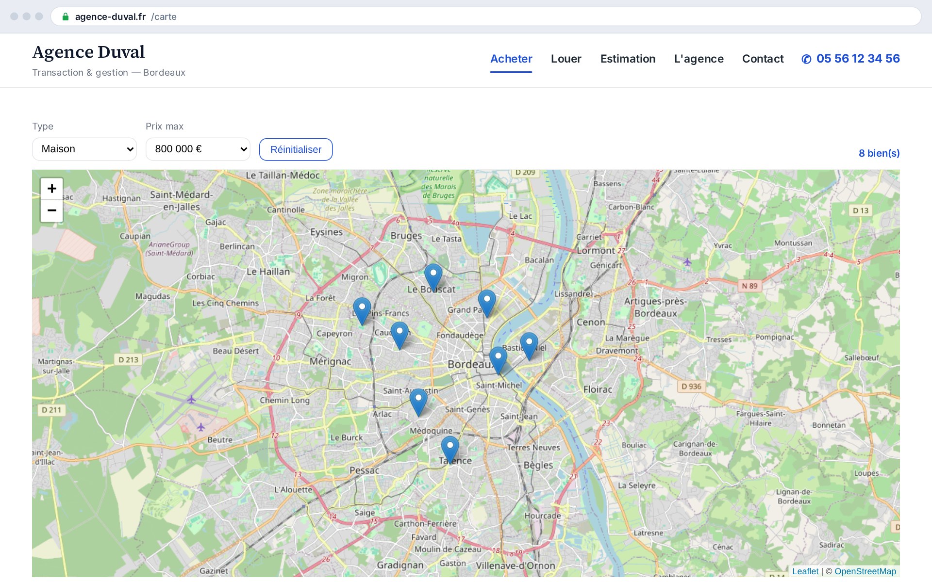 Type and budget filter the markers live, with no page reload