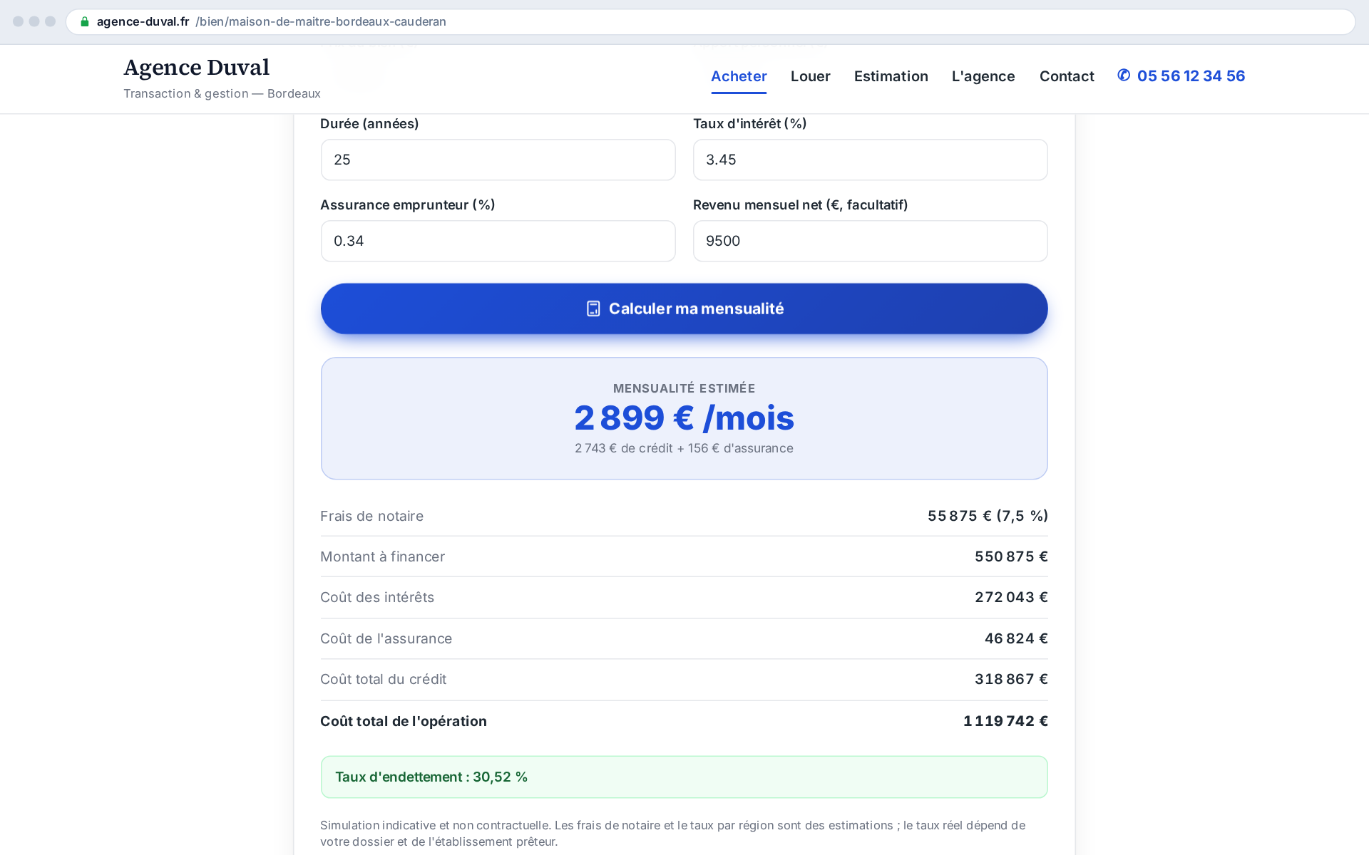 Monthly payment, notary fees and debt ratio computed live, right on the listing