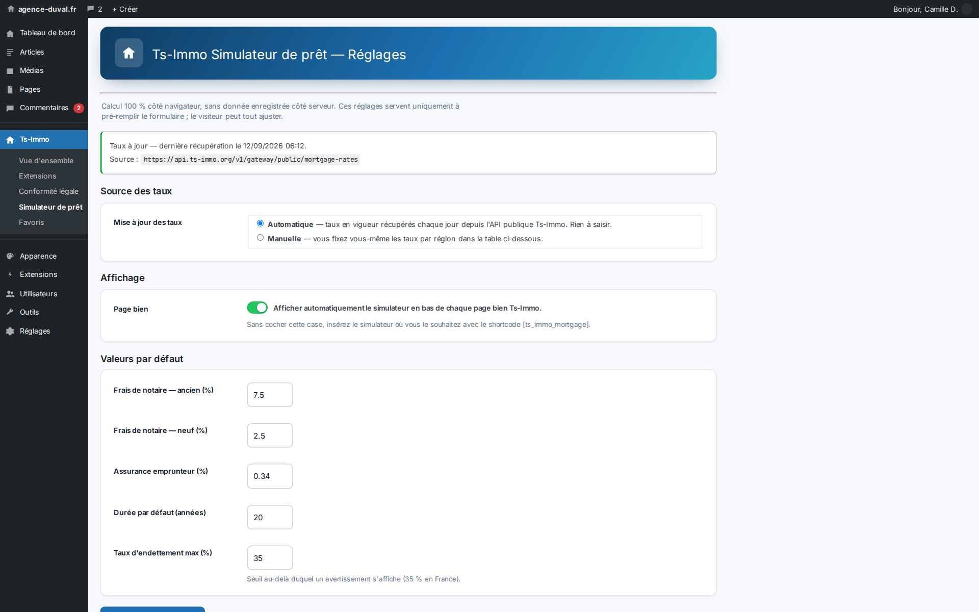 Settings: regional rates updated daily, with nothing to fill in