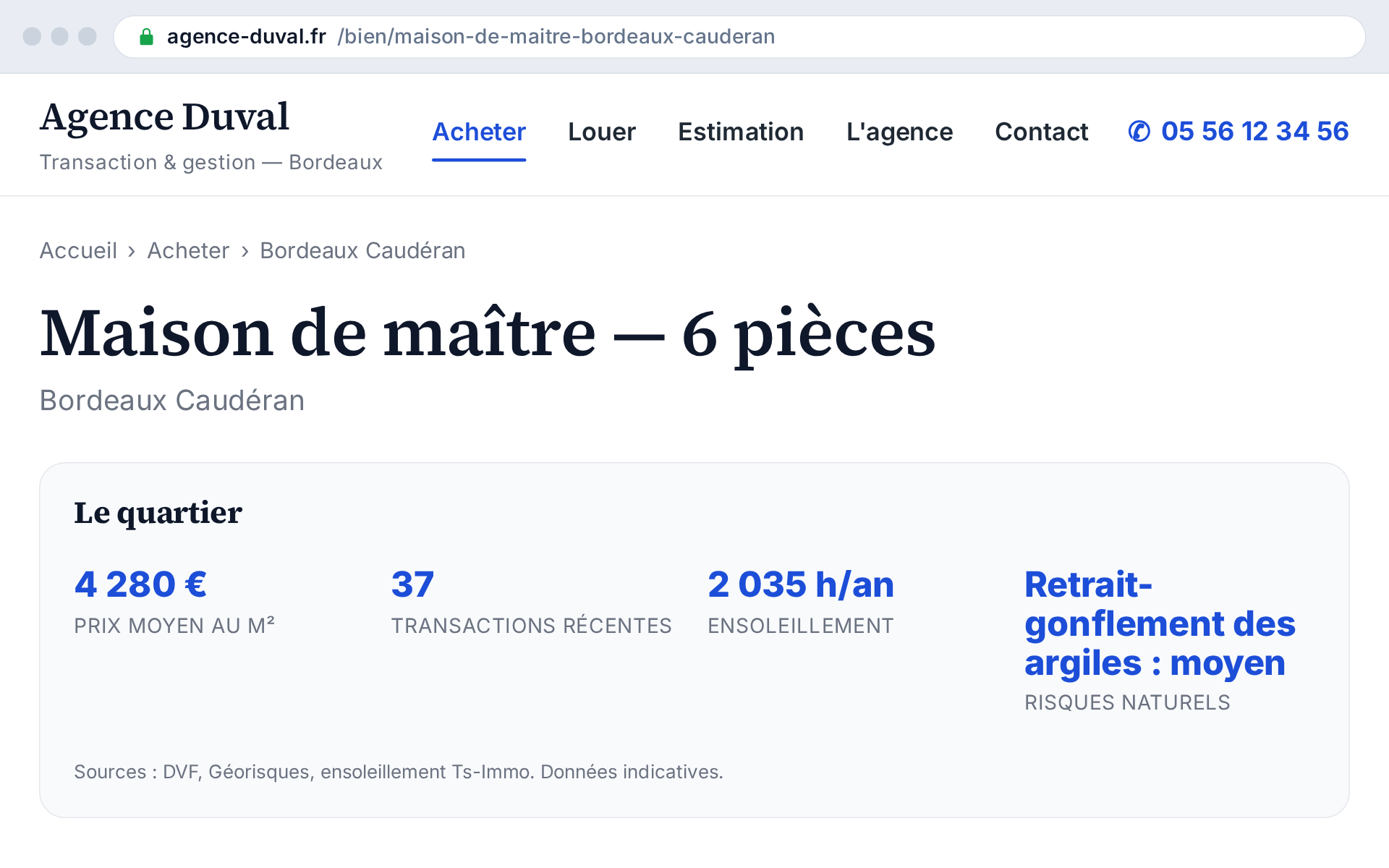 Prix au m², transactions, ensoleillement, risques : l'acheteur a ses repères sans quitter l'annonce