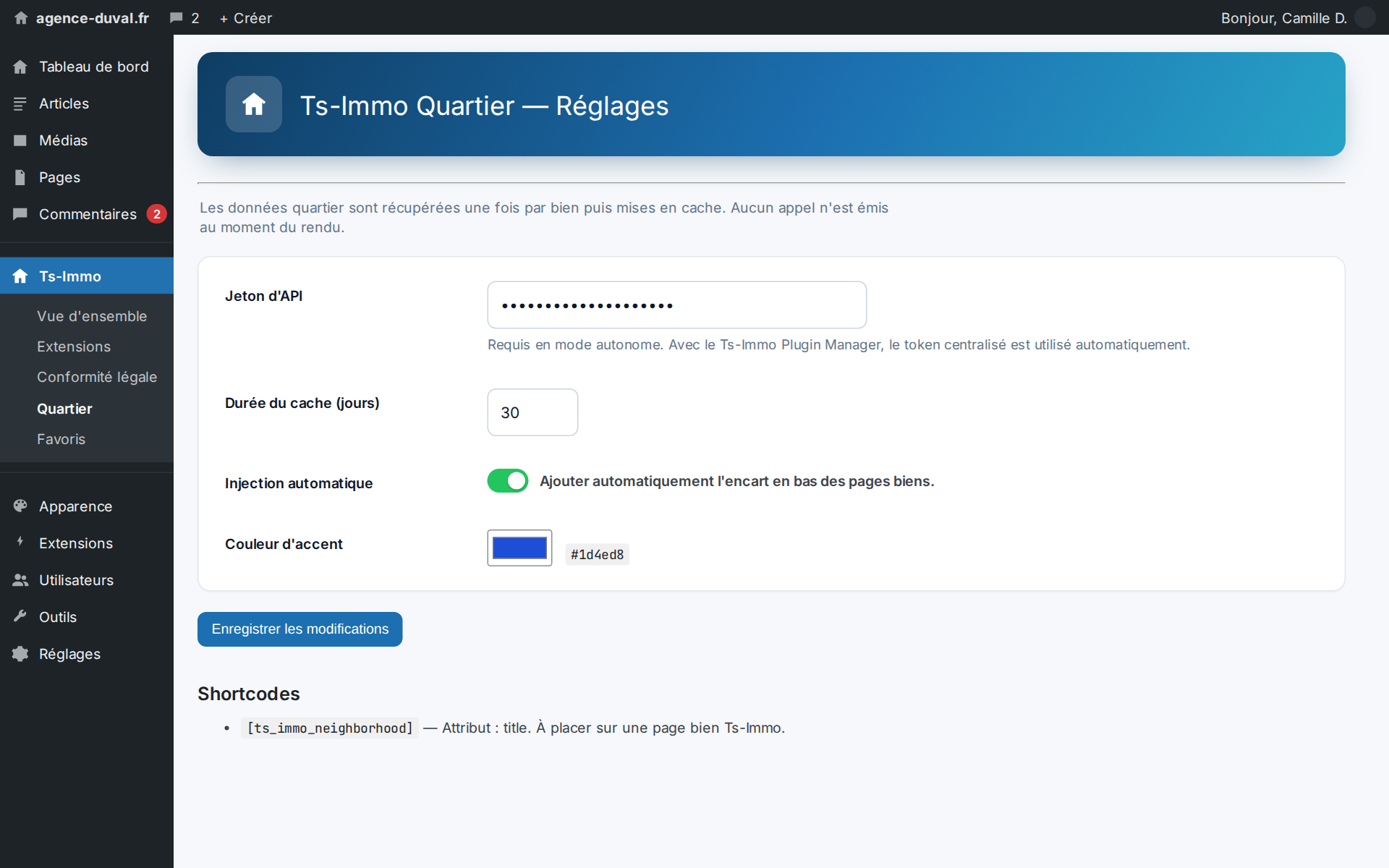 Réglages : avec le Plugin Manager, même le jeton est automatique — il n'y a rien à brancher