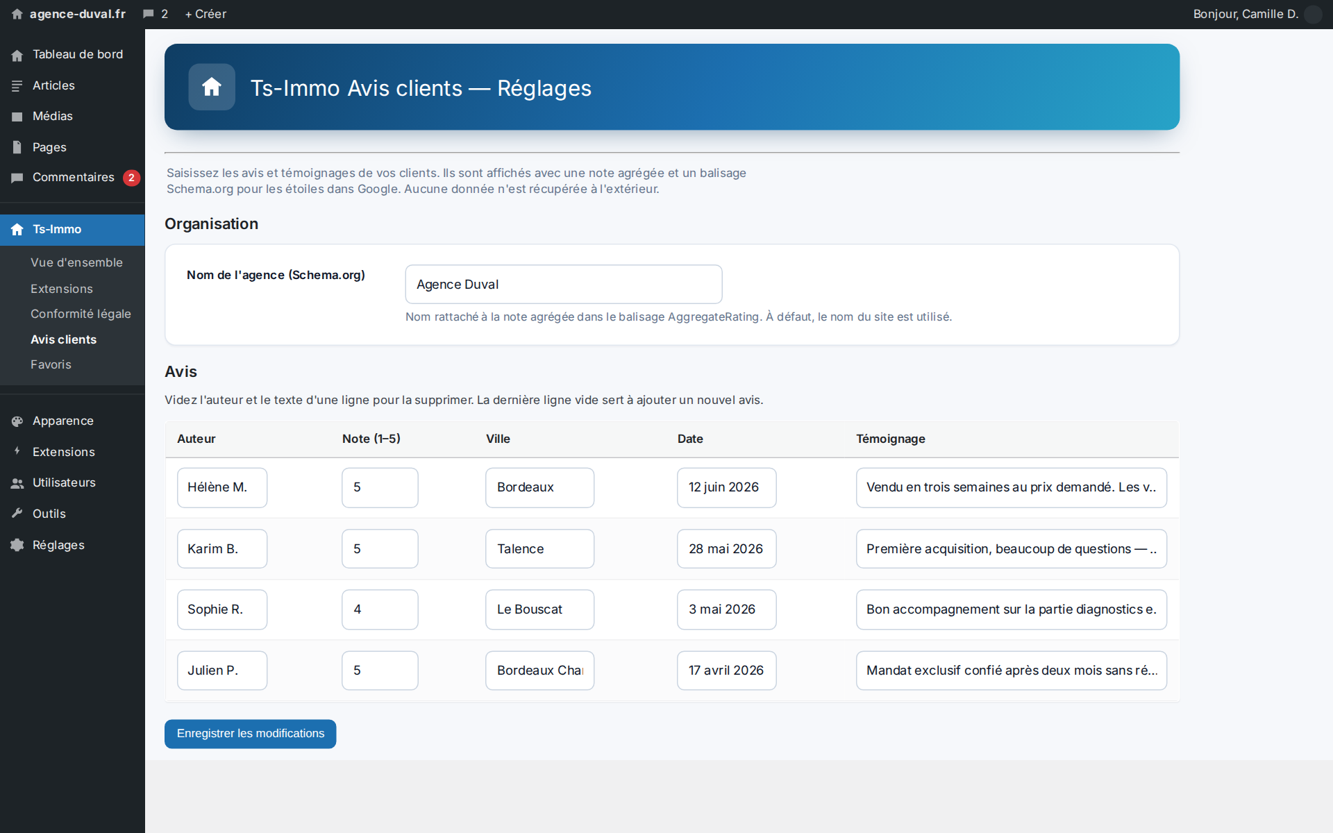 Settings: testimonials are entered here, row by row — nothing hosted elsewhere