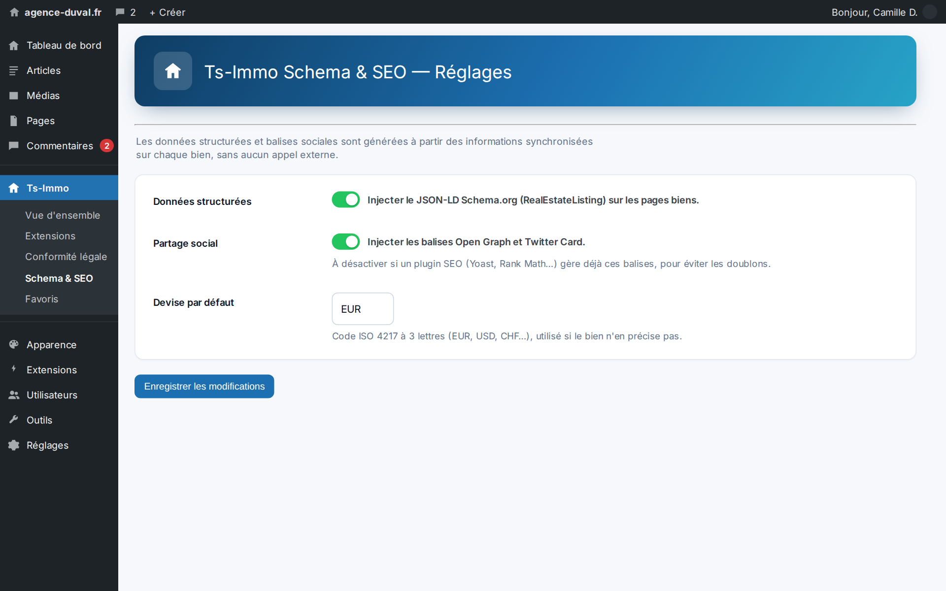 Settings: two switches — and nothing to disable if Yoast or Rank Math already handles the tags
