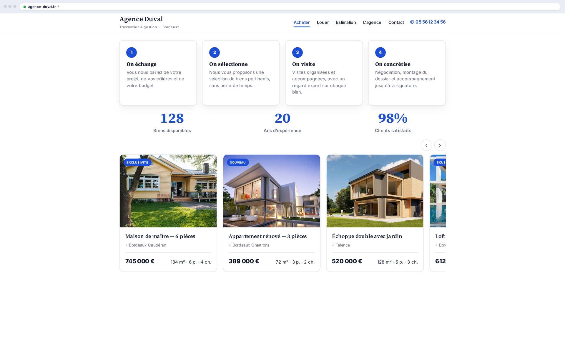 Steps, key figures, featured properties: the reassuring blocks, ready to use