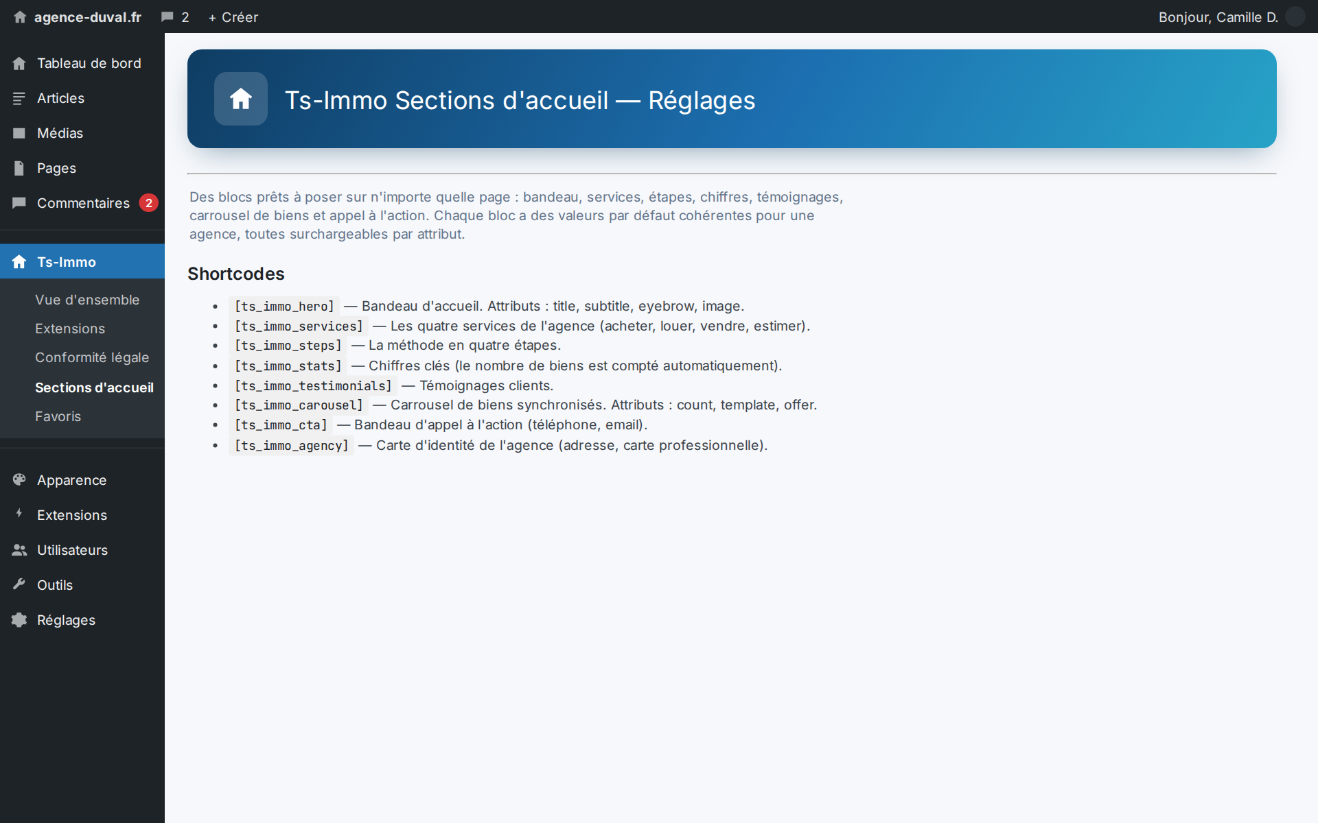 Each block is a shortcode: you compose your home page without touching the theme