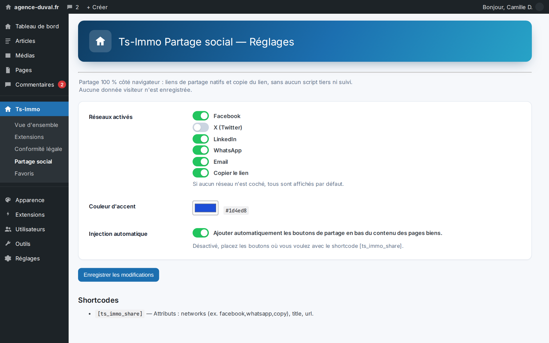 Settings: the networks you switch on, and automatic insertion under every listing