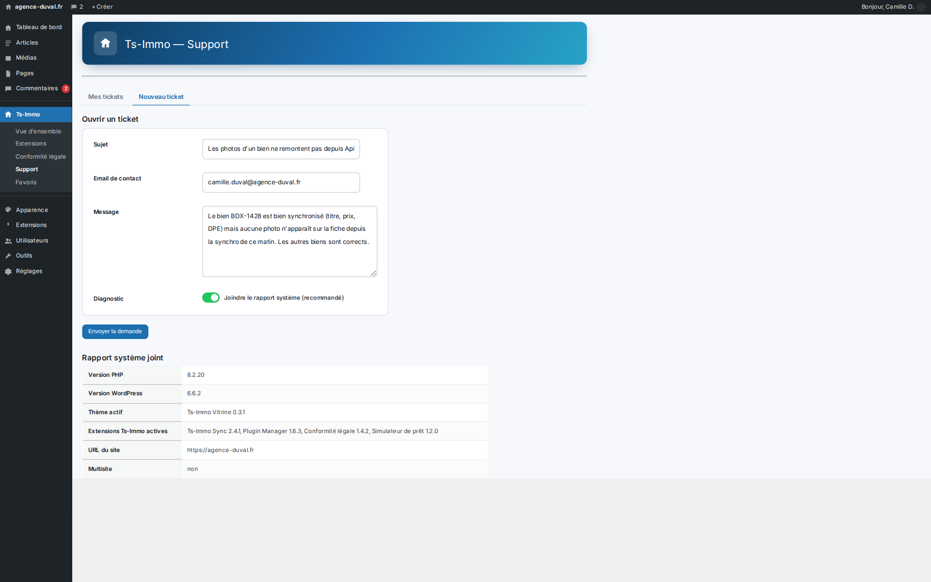 The system report travels with the request: no more back-and-forth about “which PHP version?”