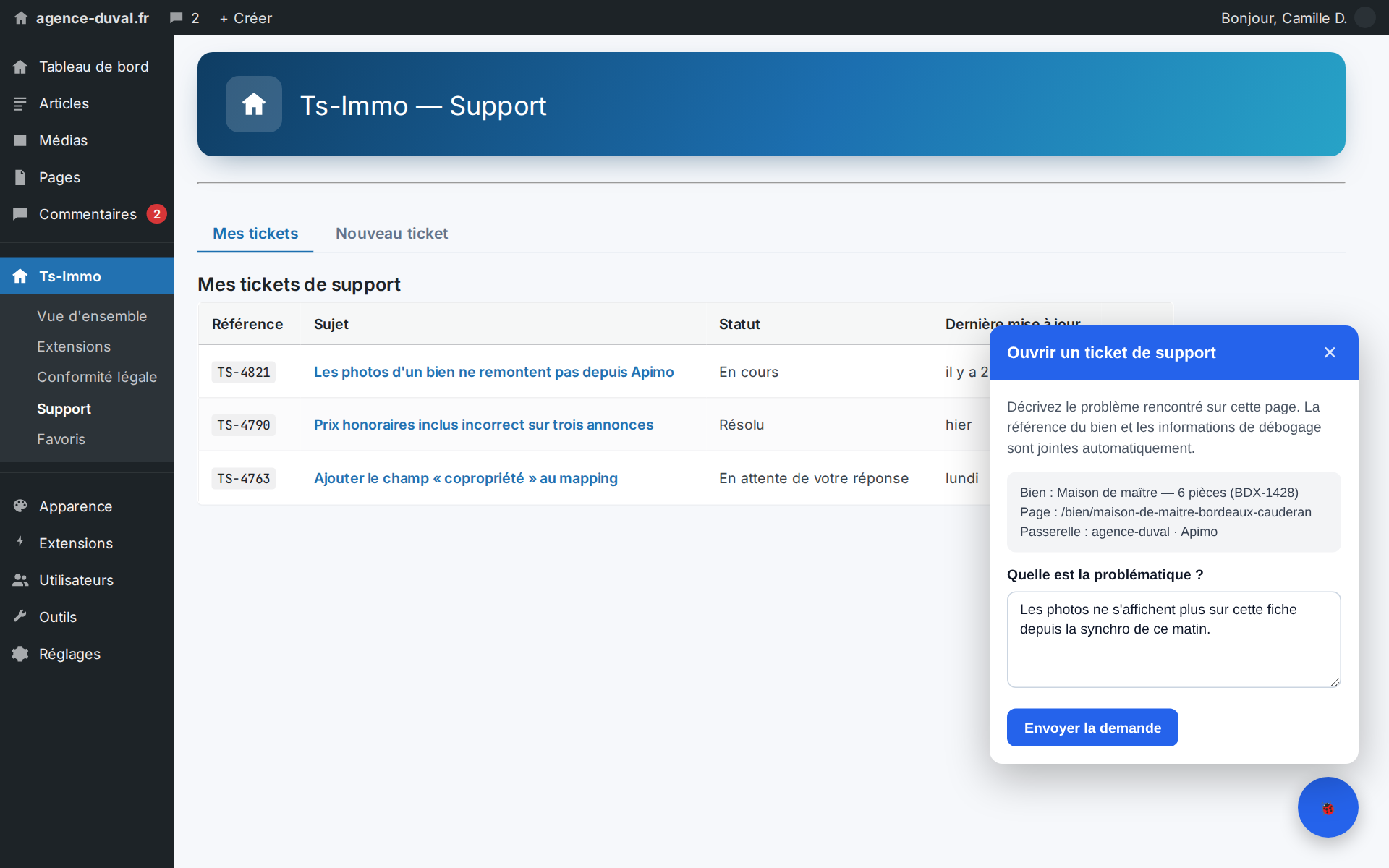 The floating button reports the issue from the page itself, with the property reference attached
