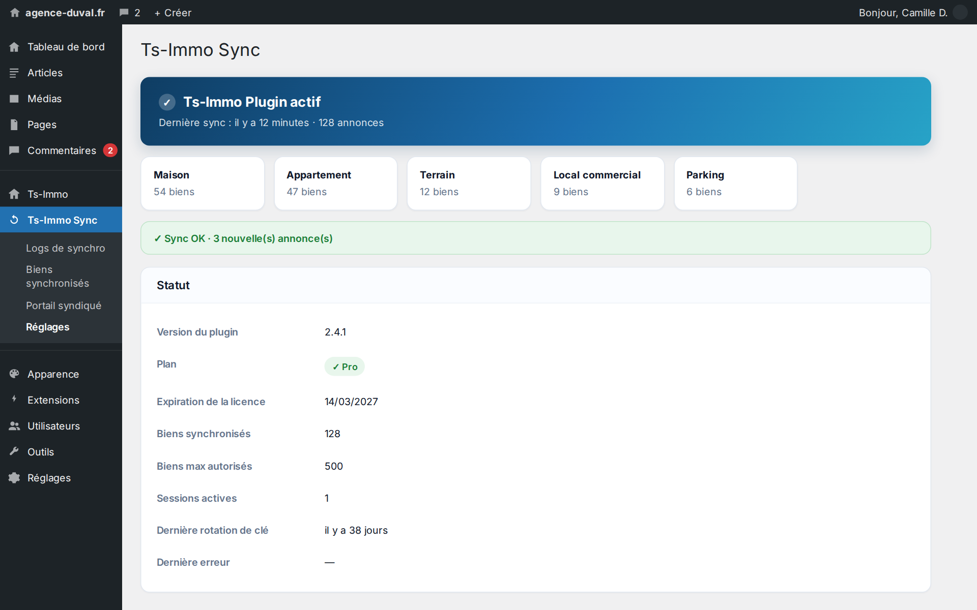 What the CRM pushed to the site, by property type, and when the last sync ran