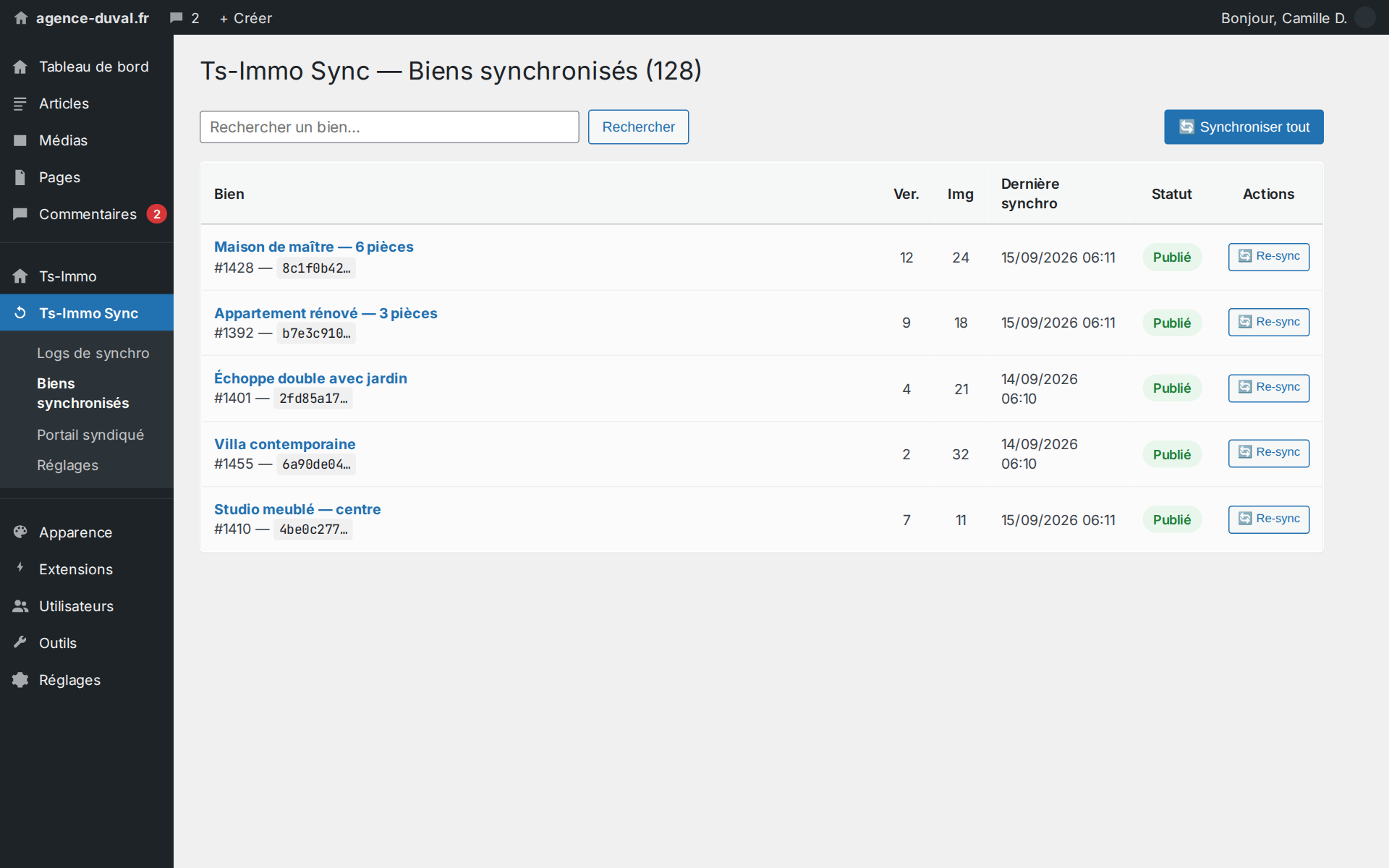 The list of properties as they exist on the site, with their CRM reference and last update