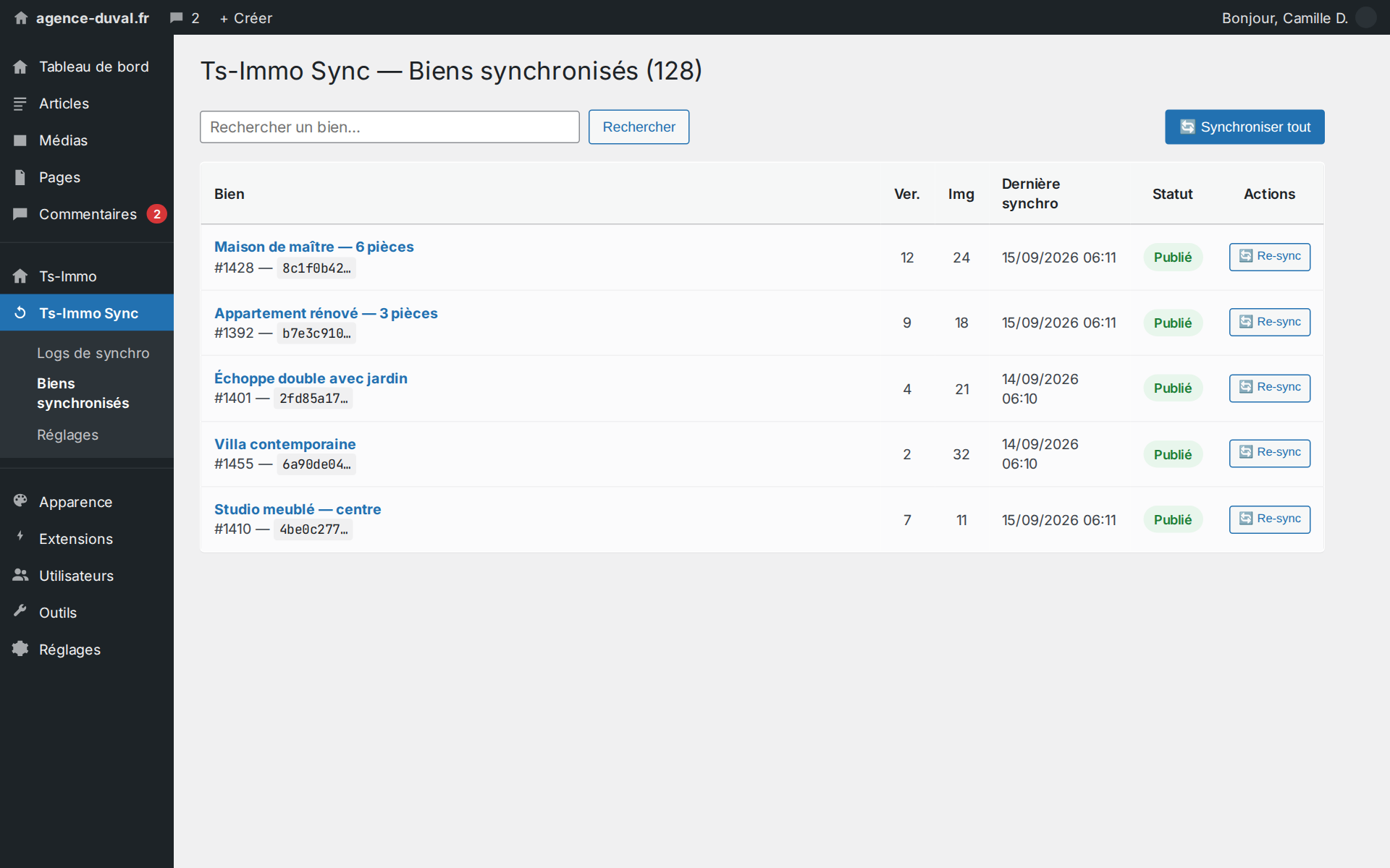 Vos biens arrivent en pages WordPress complètes, avec leur référence CRM — aucune ressaisie