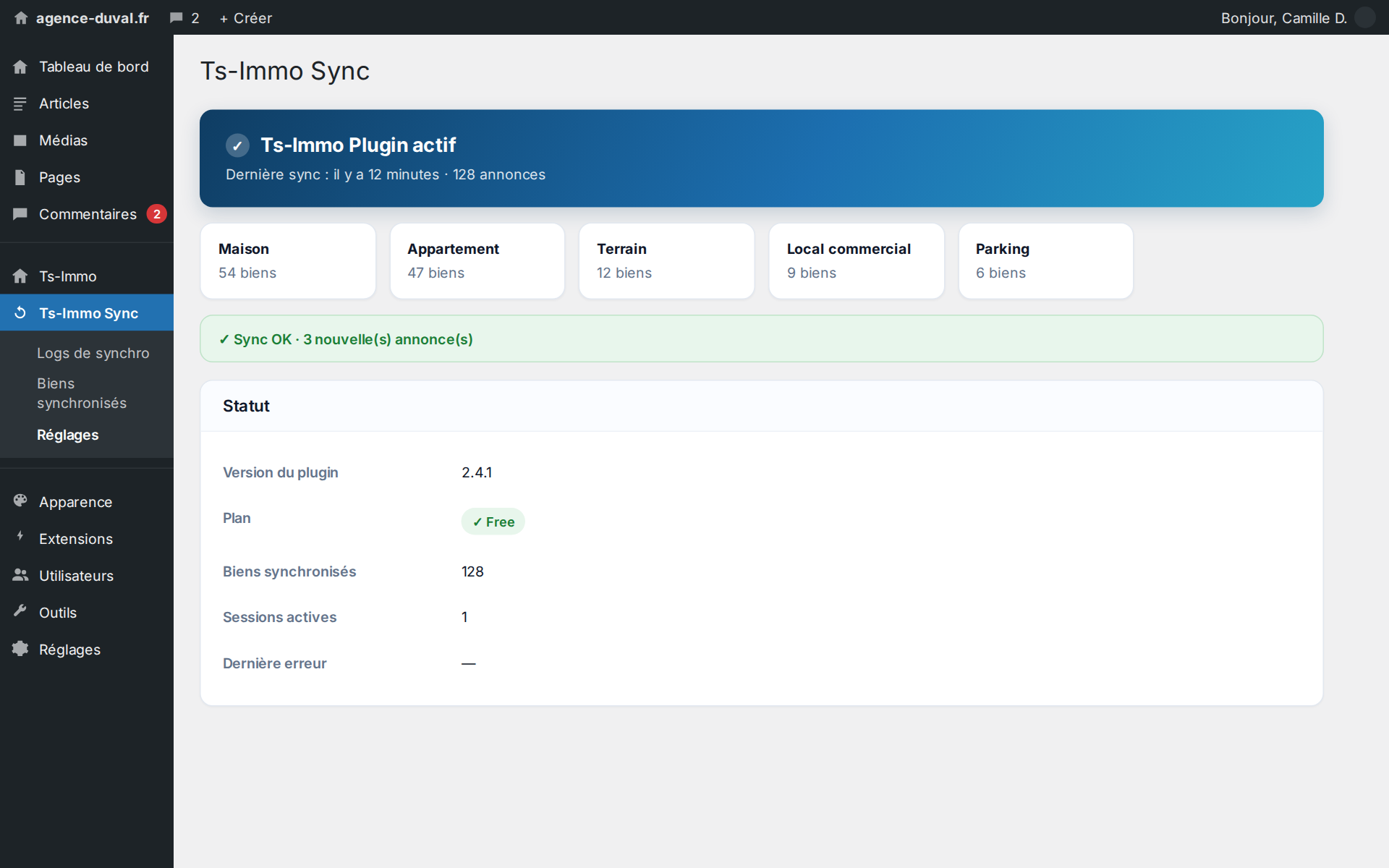 Ce que le CRM a déposé sur le site, par type de bien, et quand la dernière synchro est passée