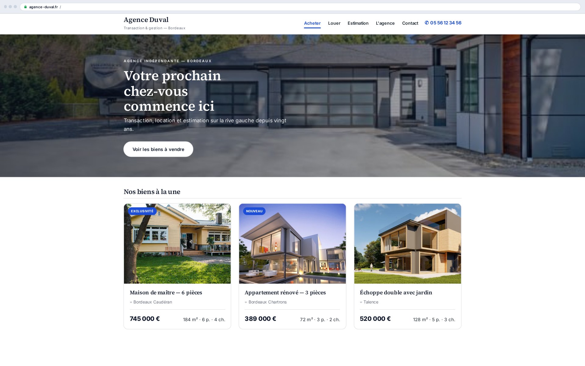 A complete agency site on activation: hero, search and featured properties