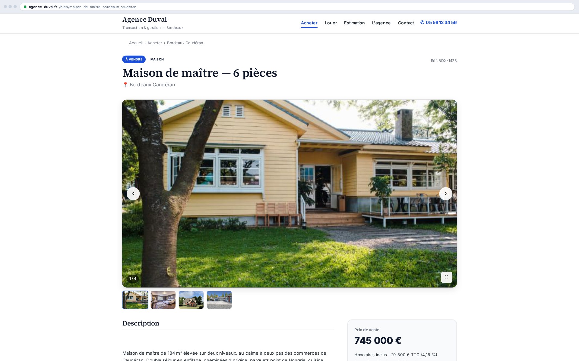 The property page: gallery, compliant price, EPC — French compliance out of the box